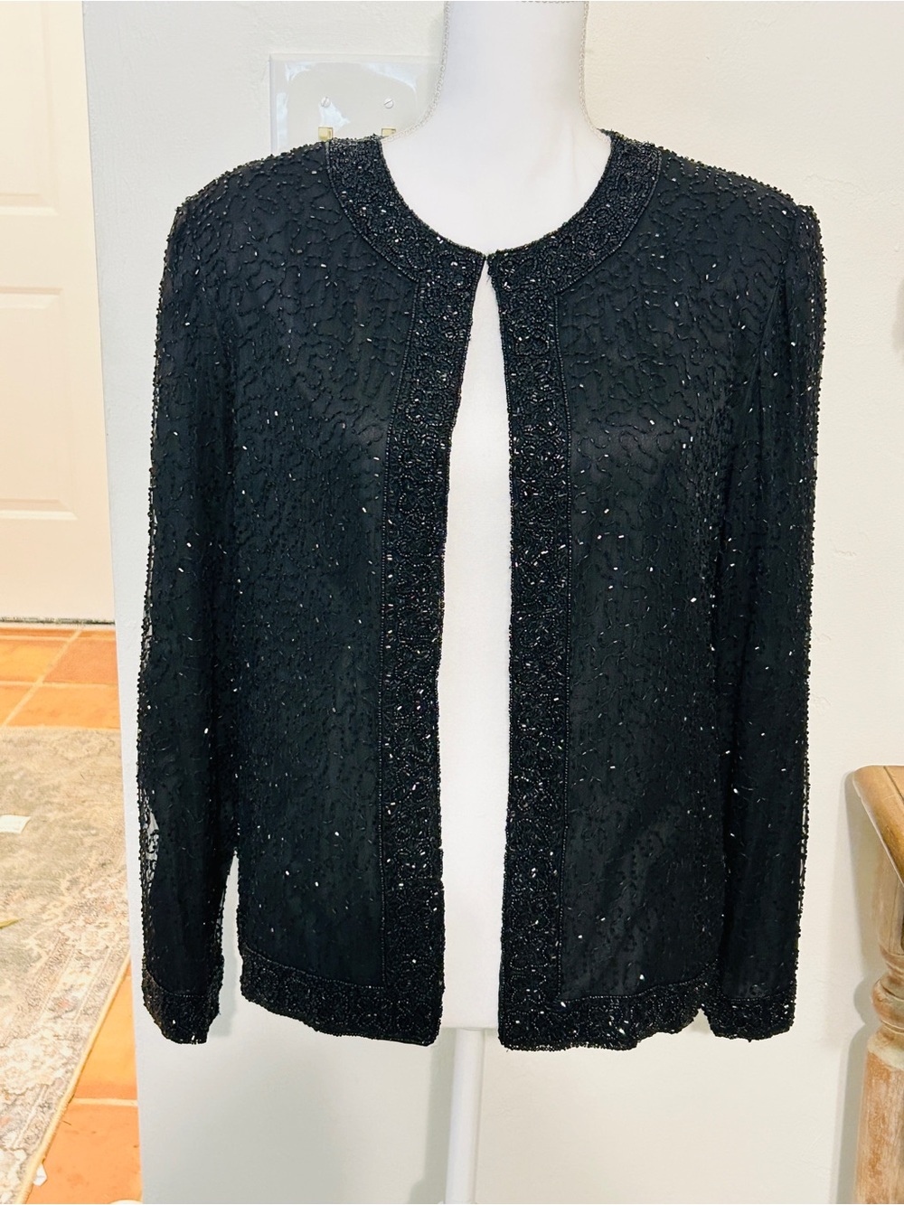 Vintage Laurence Kazar Black Beaded Open Front Jacket